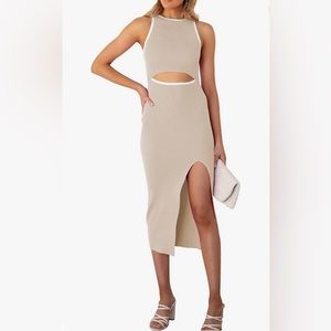 Women's Sleeveless Cut Out Side Slit Ribbed Knit Bodycon Tank Midi Dress